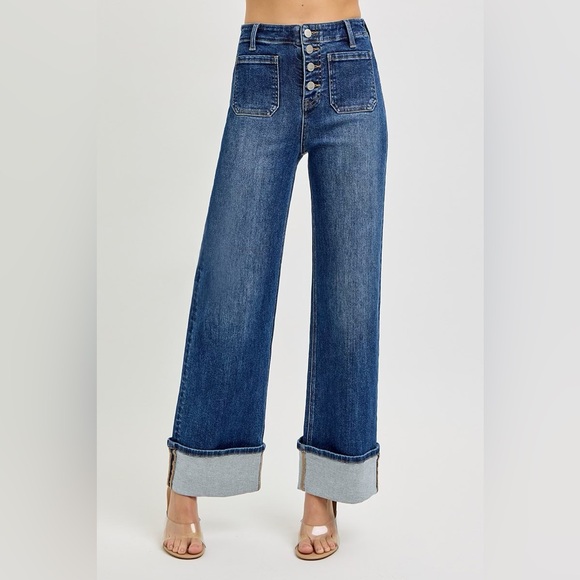 Risen Jeans Denim - RDP5965X DARK Risen High Rise Ankle Wide ButtonDown Front PatchPocketCuffedJeans